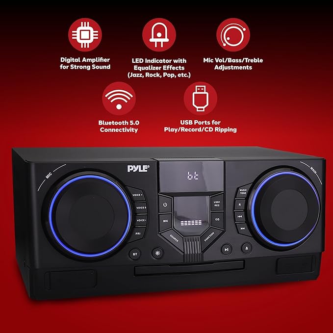 Pyle Mini Hi-Fi Bluetooth Stereo System – 3-Piece CD Player with Speakers, MP3, FM Radio, USB Recording, Subwoofer, DSP-Tech, Equalizer Settings, Compact Home Stereo System with Remote Control (Black)