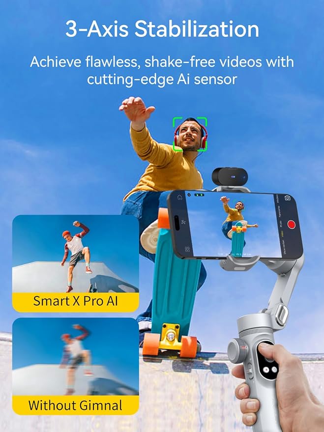 3-Axis Phone Gimbal, Gimbal Stabilizer for iPhone w/AI Vision Sensor, Portable for iPhone/Andriod, Phone Stabilizer Built in Fill Light Perfect for TikTok YouTube-Smart XPro AI Grey