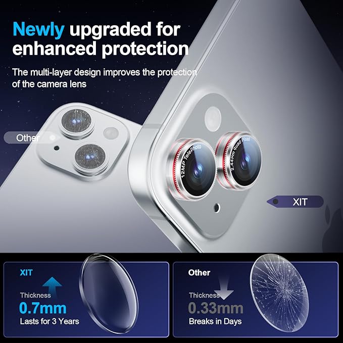 X-it 2 Pack Camera Lens Protector, Shatterproof Anti-Scratch Ultra HD Mechanical Gear Camera Protector, Anti-Glare Tempered Glass Lens Protector for iPhone 15/15 Plus/14/14Plus,Case Friendly,SilverRed