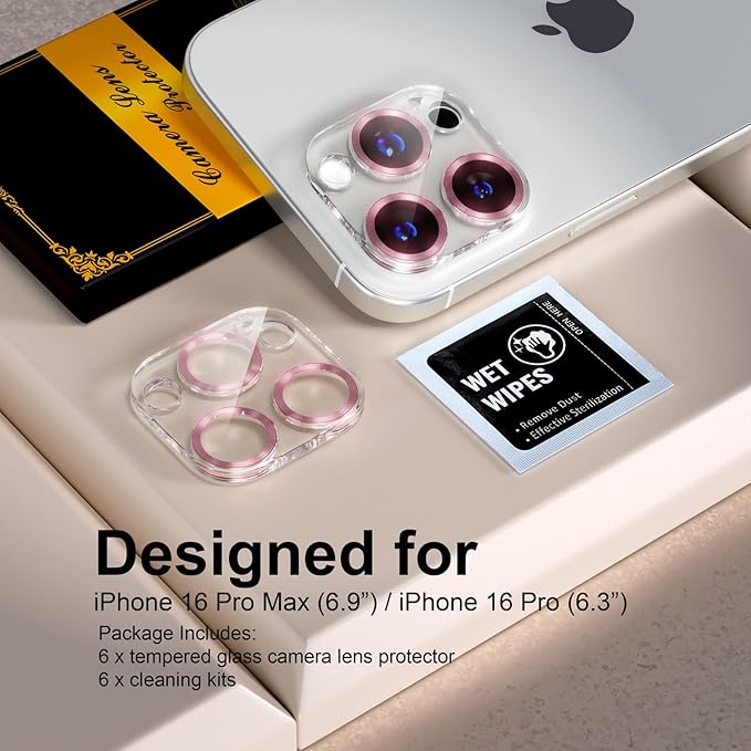beuxece for 6 Pack iPhone 16 Pro/iPhone 16 Pro Max Camera Lens Protector [Drop Protection] [Case Friendly] [Easy Installation] 9H Tempered Glass Camera Screen Protector Cover, CD Pink