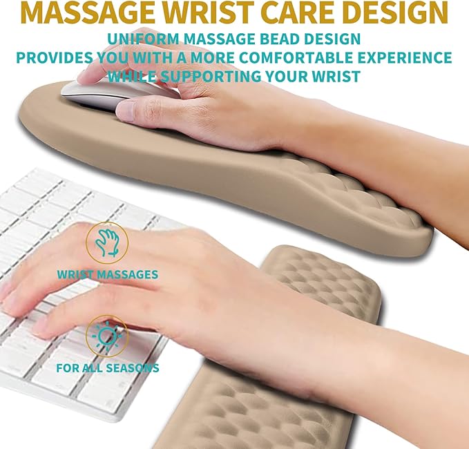 Hokafenle 2 in 1 Ergonomic Mouse Pad Wrist Support & Wrist Rest for Computer Keyboard Set, with Relieve Carpal Tunnel Pain Massage Bulge and Full Memory Gel Design (2In1 Set, Sand Color)