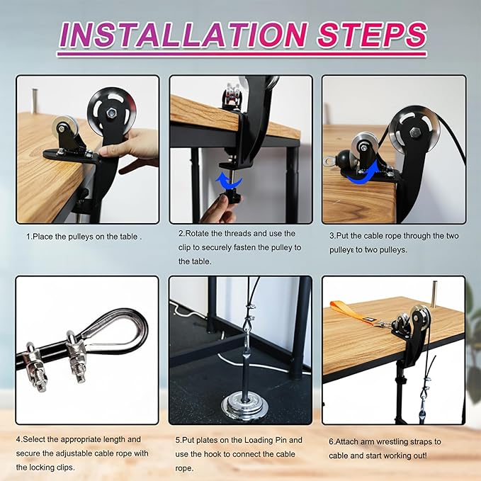 Arm Wrestling Pulley System with Adjustable 1.5m Steel Cable, Dual Aluminum Pulleys, 220lb Capacity, Table Clamp and Loading Pin for 1” & 2” Weight Plates, Wrist Strength Training Equipment