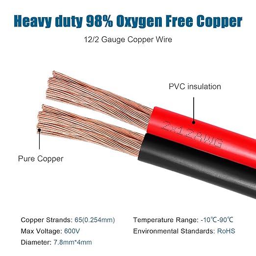 12 Gauge Wire 2 Conductors Copper Wire, 12 AWG Battery Cable Oxygen Free Copper Wire for Solar Panel, Automotive, Trailer, RV and Speaker (12 Gauge 10FT)