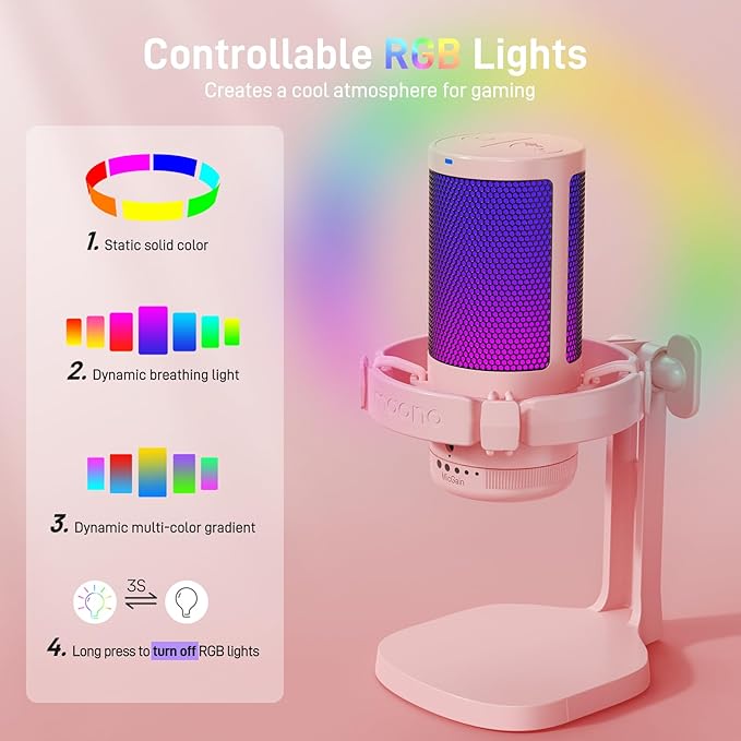 MAONO Gaming Microphone with Noise Cancellation, USB Condenser Mic for Streaming, Podcast, Twitch, YouTube, Discord, PC Desktop Computer Mic for PS5, GamerWave DGM20 Pink