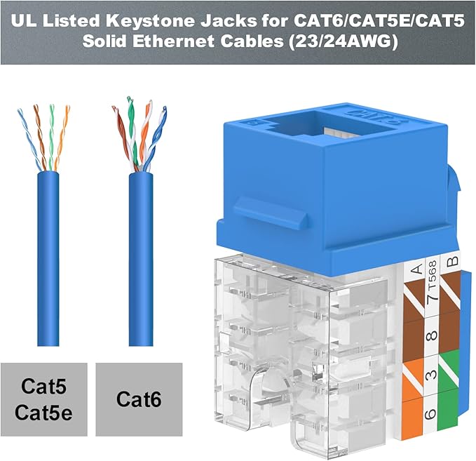 VCE UL Listed 10Gbps Cat6 Keystone Jack Insert 25-Pack, 90 Degree Punch Down RJ45 Keystone Jack Adapter Slim Profile Blue