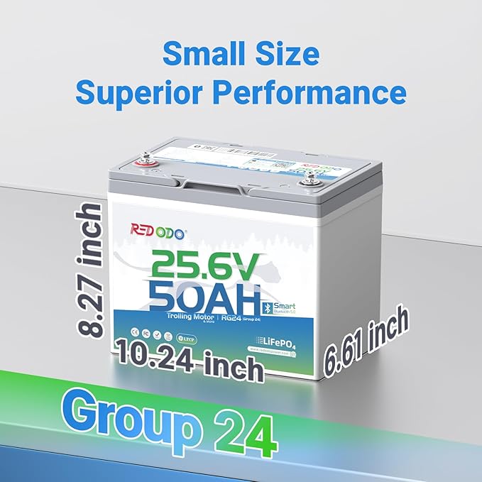 Redodo Bluetooth 24V 50Ah TM Low-Temp LiFePO4 Battery, Smart Lithium Battery Built in 50Ah BMS, 10 Years Lifespan, Perfect for Trolling Motor, Marine, RV, Fishing Finder, Solar and Off Grid-2 Pack