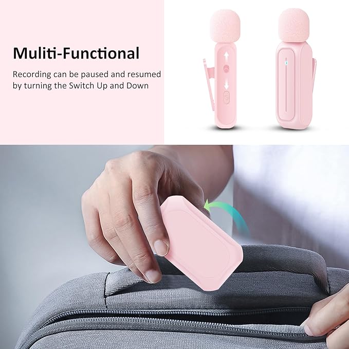 2 Pack Wireless Lavalier Microphone for iPhone iPad Android with Charging Case - 7H Clip on Lapel Microphone Wireless for Video Recording Vlogging, YouTube, Interview, 3 Mode Denoise (Pink)