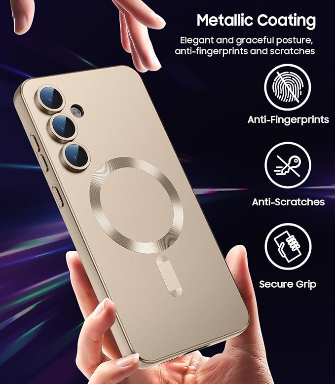 Magnetic for Samsung Galaxy S25 Plus Case [Compatible with MagSafe][Built-in Camera Lens Protector] Slim Soft Silicone Bumper Shockproof Metallic Luster Phone Shell (Gold)