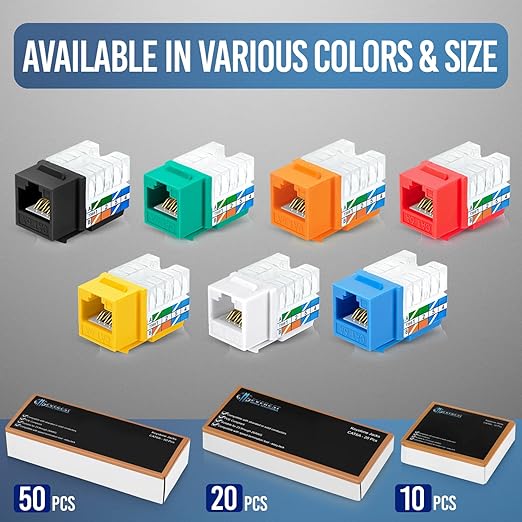 Everest 90° Angled RJ45 Cat6A Keystone Jacks 20-Pack in Orange - Slim Profile Female RJ45 Connectors - Cat 6A Keystone Jack - Compatible with 90° Angled Speed Termination Tool - easyJACK (B094WB91H3)