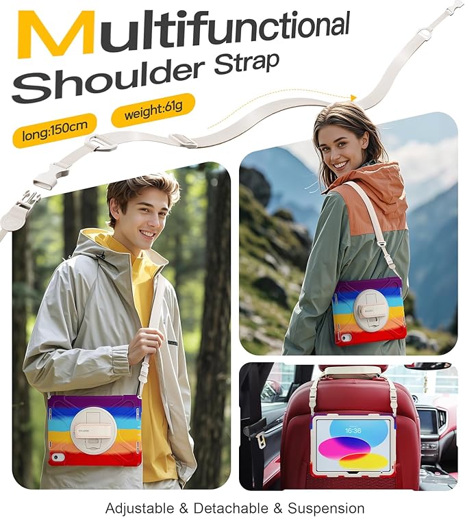 BRAECN for iPad (A16) 11th/10th Generation case 11/10.9 inch 2025/2022 Heavy Duty Shockproof Protective with Pencil Holder Screen Protector 360°Rotating Stand Handle & Shoulder Strap Full Body Cover