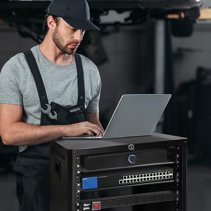 RIVECO POMU 12U Network & Stereo Rack with Caster Wheels, Rolling Server Rack Open Cabinet for 19 inches Audio Video Musical & IT Equipment Mounting, Round & Square Holes, Build in Handles Heavy Duty