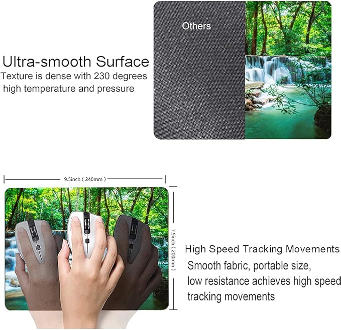 Mouse Pad, Forest Waterfall Natural Scenery Mouse Pad Custom Design, Square Waterproof Mouse Pad Non-Slip Rubber Base MousePads for Office Laptop, 9.5"x7.9"x0.12" Inch(Green Forest Waterfall)