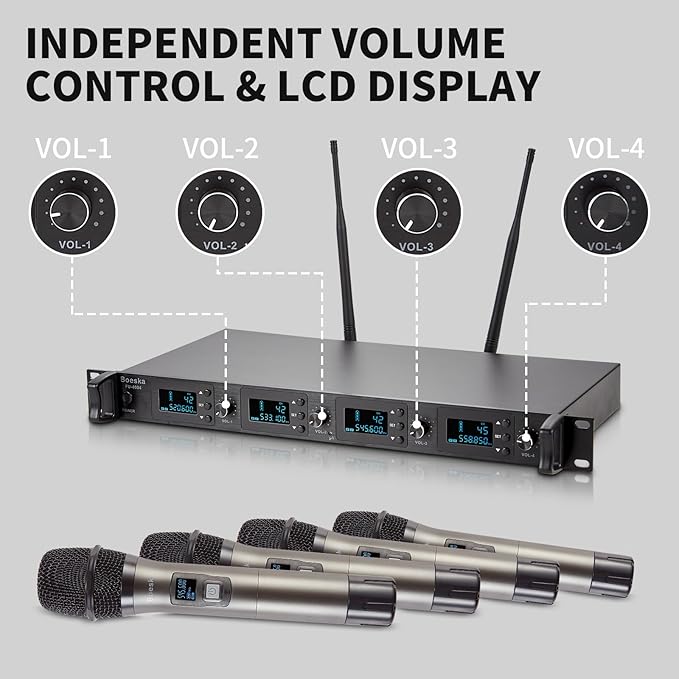 Wireless Microphone System, 4-Channel UHF Wireless Mic, Fixed Frequency Metal Cordless Mic with 4 Handheld Dynamic Microphones, 200ft Range, Mics for Singing, Church (4 Handheld)