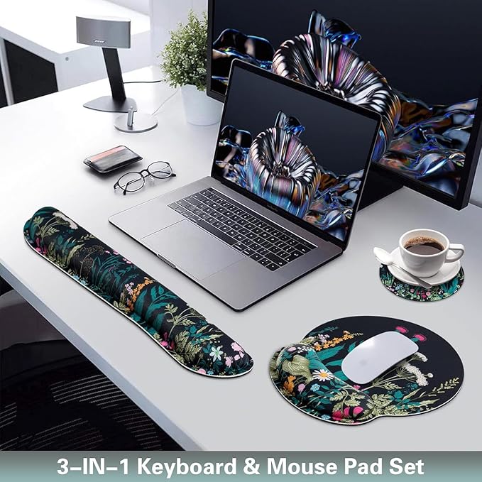 Mouse Pad with Wrist Rest Set, Qomolama 3-in-1 Wrist Support Mouse Pad Set, Floral Gaming Mousepad with Anti-Skid Base,Ergonomic Mouse Pad,Memory Foam Keyboard Gel Wrist Rest