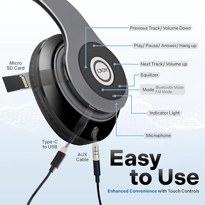 iJoy Bluetooth Headphones Over Ear, Wireless and Wired Foldable Headset Built-in Microphone, FM, Micro SD Card Slot - (Green) Adults Kids Men Women