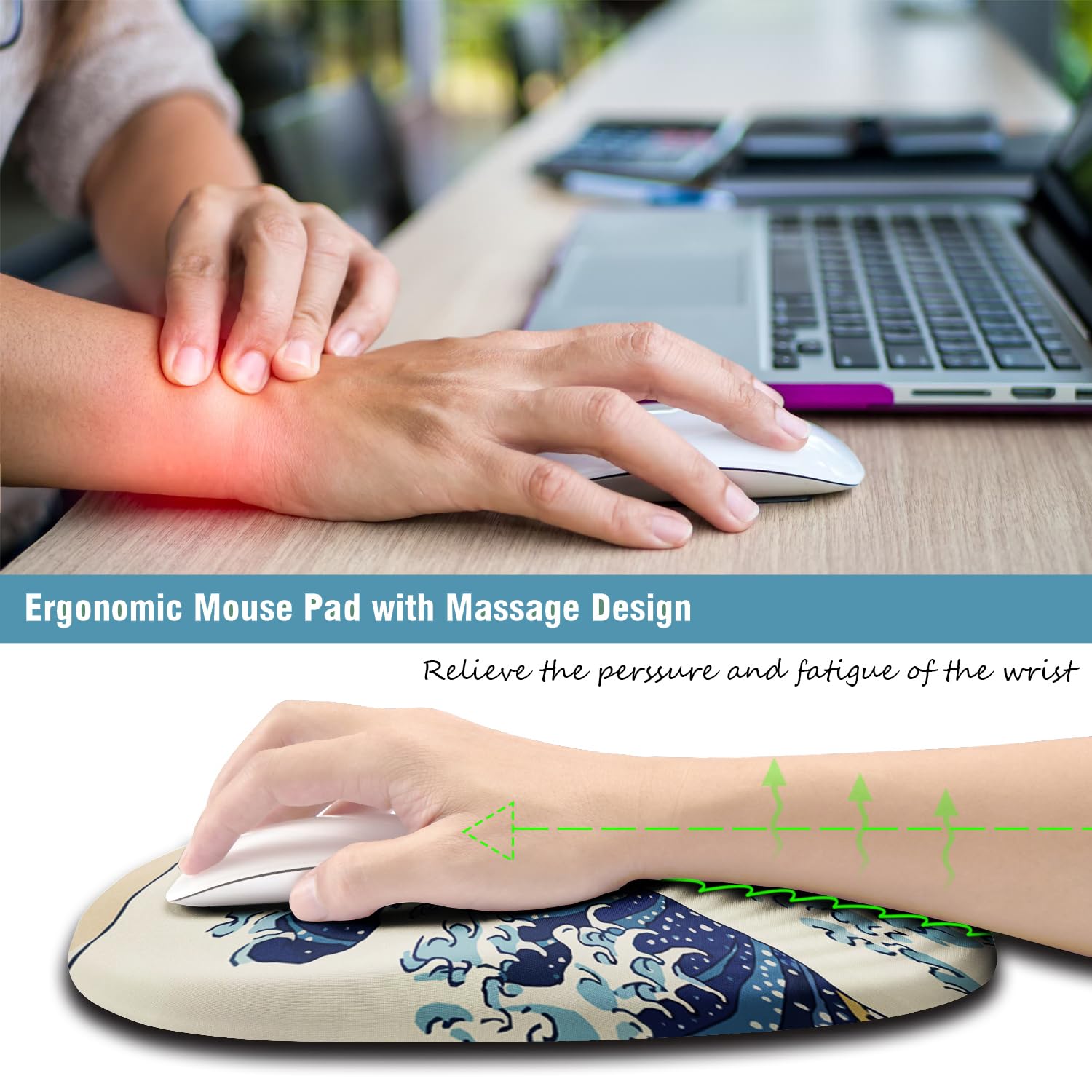 Armanza Ergonomic Mouse Pad Wrist Rest, Japanese Sea Wave Mouse Pad with Wrist Support, Memory Foam Massage Design & Non-Slip PU Base MousePads for Pain Relief, Desk, Office, Home, Kanagawa Wave
