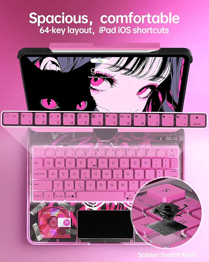 Intermerge for iPad 9th 10.2 inch Keyboard Case, 360° Transparent Multi-Touch Trackpad, 7-Color Backlit Keyboard, Pencil Holder, Type-C, Power Indicator for 9th/ 8th/ 7th - Blush Pulse