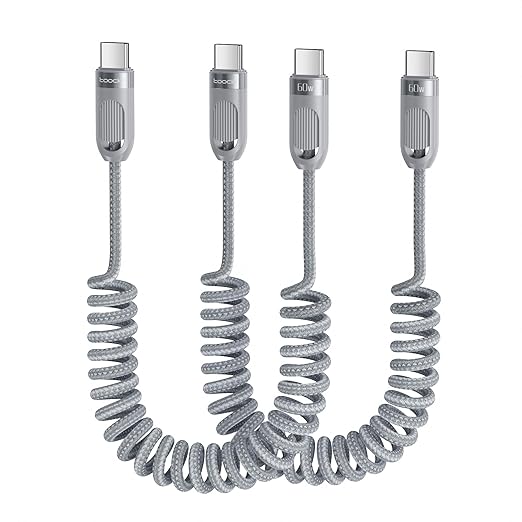 Coiled USB C to USB C Cable 2Pack 3FT Braided Retractable Fast Charging Cable for Car, Compatible with iPhone 16/15 Pro Max/Galaxy S24/S23/S22, Supports Car Play & Android Auto-Grey