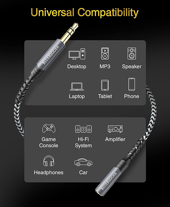 BlueRigger Headphone Extension Cable (30FT, 24K Gold Plated Jack, Hi-Fi Sound, 3.5mm Male to Female Stereo Audio Cable) – Aux Cord for iPod, Laptops, Smartphones, Speakers, Tablets, Home Car Stereo