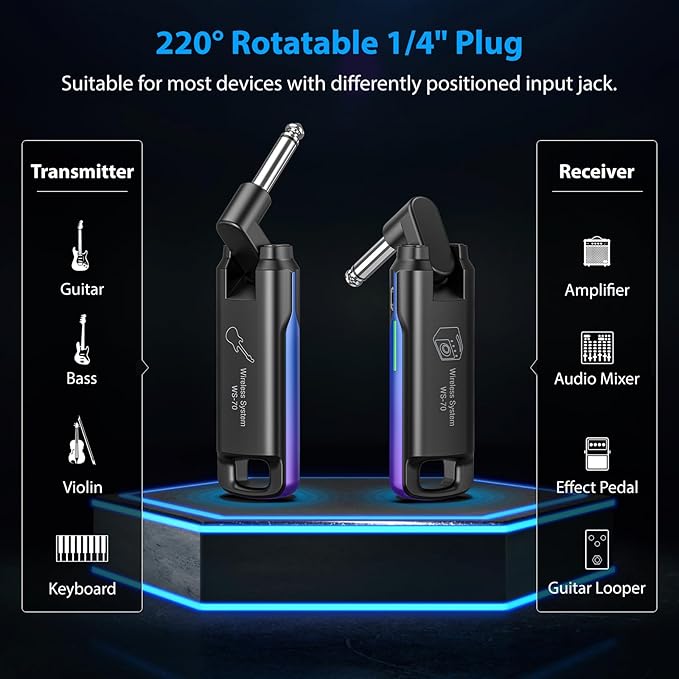 LEKATO Wireless Guitar System UHF Wireless Guitar Transmitter Receiver Rechargeable Audio Wireless Guitar Transmitter and Receiver with 70 Channels Wireless for Guitar Bass Electric Instruments (Blue)