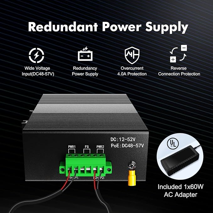 MokerLink 5 Port PoE Industrial DIN-Rail Network Switch, 60W IEEE802.3af/at PoE Power, 10/100Mbps Fast Ethernet, IP40 Rated Network Switch (-40 to 185°F), with UL Power Supply