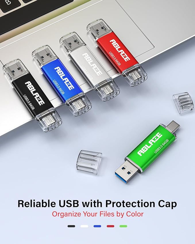 ABLAZE Type C Flash Drive 64GB 5 Pack, Dual USB 3.0+USB C Flash Drive Compatible with iPhone 16/15, Android Smartphone, Computer,Tablet Mac Laptop (5 Pack)