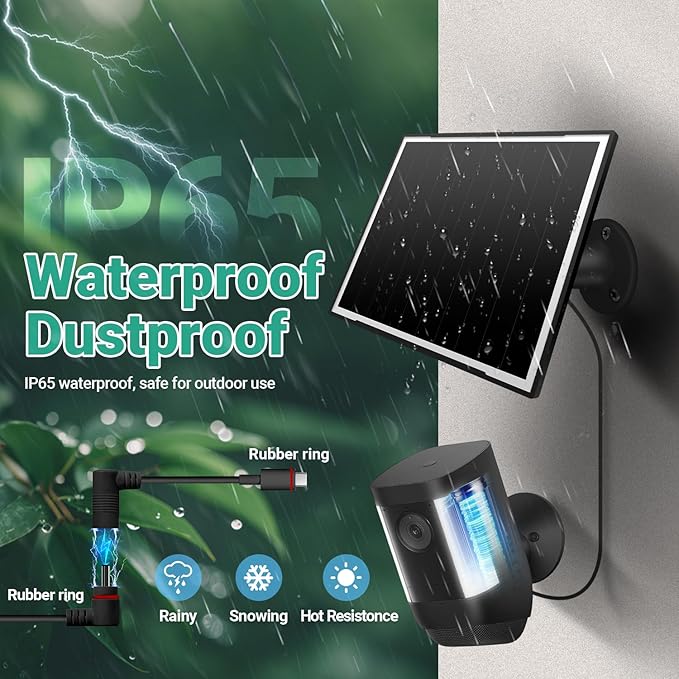 2-Pack Solar Panel Charger for Ring Camera, 8W High-Efficiency - Compatible with Ring Spotlight & Stick Up Cam Pro/Plus, 16ft Long Cable, 3.5mm to USB-C Adapter, IP65 Waterproof, Black