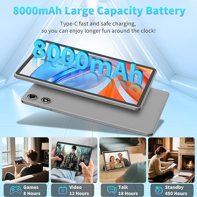 Android 15 Tablet 10 Inch, 26GB RAM+256GB ROM/2TB Expandable Tablet, 2 in 1 Tablets with Keyboard Case Mouse Stylus, 2.0GHz Octa-core CPU, IPS HD Screen, 5G WiFi BT 5.0, 8000mAh Battery (Silver)