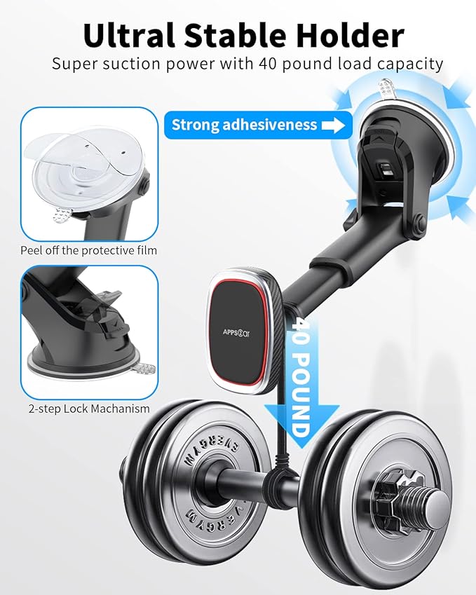 APPS2Car Magnetic Phone Mount, Dashboard Windshield Suction Cup Car Phone Holder Phone Mount with 6 Strong Magnets, Adjustable Telescopic Arm, Compatible with iPhone/Pro/Max/All Smart Phones