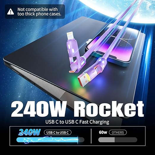 USB C Cable,240W 4 in 1 Charging Cable 4FT,Charging Cable Fast Charging & Data Sync,Multi USB Cable with Breathing Light,Charger Cord for iPhone 16/15 14 Samsung MacBook iPad Tablets,Purple