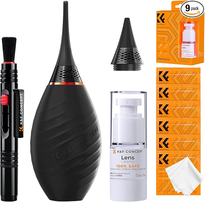 K&F CONCEPT 10-in-1 Camera Lens Cleaning Kit for DSLR Camera Lens Filter Cell Phones with Advanced Silicone Air Blower*1+Short Nozzle*1+Long Nozzle*1+Cleaning Cloth*6+Cleaning Pen*1+15ML Cleaner*1