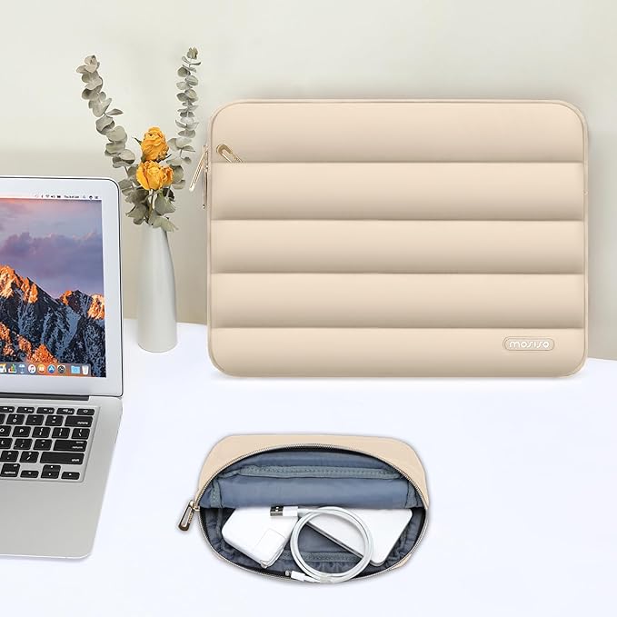 MOSISO 15-15.6 inch Laptop Case, 16 inch Puffy Laptop Sleeve Compatible with MacBook Pro 16, HP Dell ASUS Acer Toshiba Lenovo Notebook Computer, Polyester Horizontal Bag with Small Case, Apricot