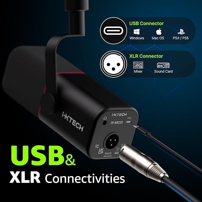 IXTECH Cardioid Dynamic Microphone with Mic Cover, Vocal USB XLR Microphone for Podcasting, Streaming, Recording, Gaming and Voice-Over (Black)