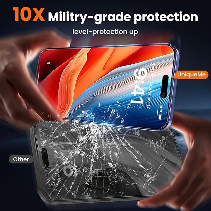 UniqueMe for iPhone 16 / iPhone 15 Privacy Screen Protector - [Military Grade Shatterproof & 9H+ Hardness] Screen Protector 16/15 Tempered Glass Full Coverage Protection, Easy to install, 2 Packs