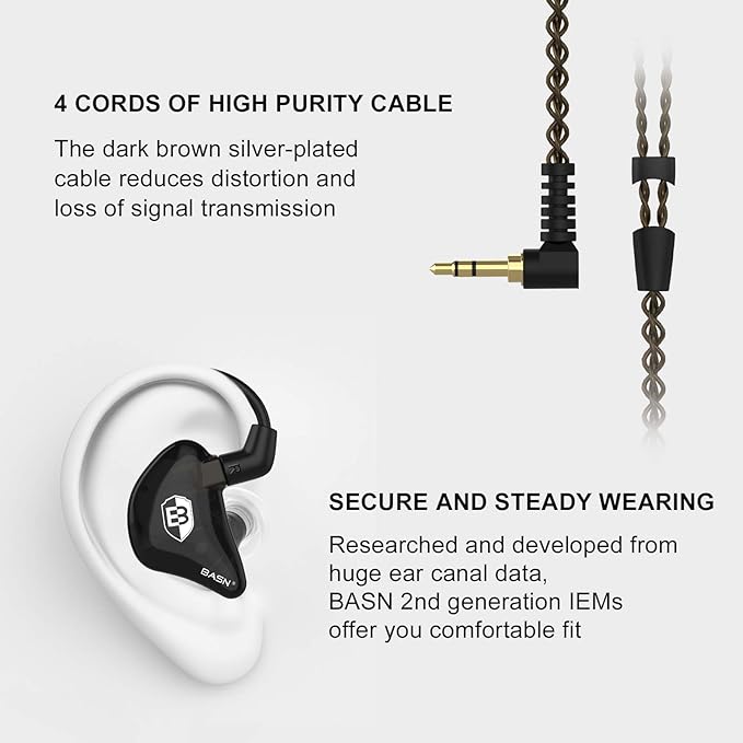 BASN in Ear Monitor Headphones for Musicians, Bsinger 2nd Generation Sound Isolating Earphones with Dual Dynamic Drivers Detachable MMCX Cable (Black)…