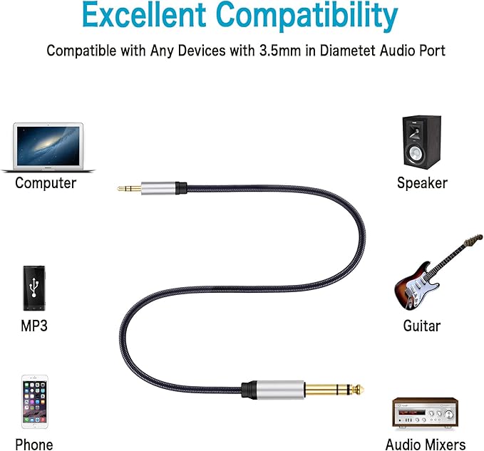 3.5 mm to 6.35 mm Audio Cable 3Ft, Gold-Plated Terminal Silver Color Zinc Alloy Housing 3.5mm 1/8" Male TRS to 6.35mm 1/4" Male TRS Nylon Braided Stereo Audio Cable for Cellphone, Amplifiers(3Ft/1M)