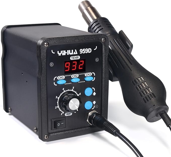 YIHUA 959D-Digital Hot Air Rework Station, High Power with 3 Memories, Airflow Efficiency, °F /°C Display, Accurate Temp.(212°F~932°F), Brushed Aluminum Panel & Safety Features