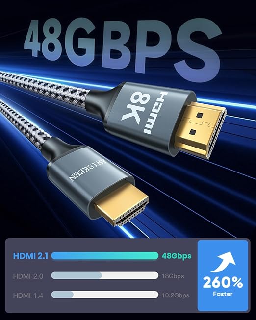 ARISKEEN 8K HDMI Cable 18 FT, 48Gbps High Speed HDMI 2.1 Cable, 8K 60Hz, 4K 120Hz 144Hz Braided HDMI Cord - 18 Feet