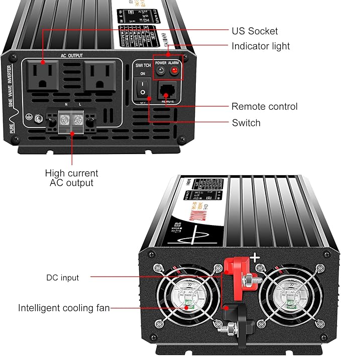 Xijia 2000W Pure sine Wave Power Inverter (Peak Power 4000W) dc 12v to 110v/120V ac 60HZ LCD-Display Bluetooth Remote Control,2 AC Outlets for RV, Camping, Boat,Outdoor