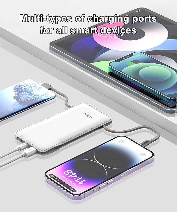 TG90° Cellphone Portable Charger with Built in Lightning and Android Cables Power Bank 10000mah External Battery Packs, USB-C Portable Battery Backup Charger Compatible with iPhone and Android Phones