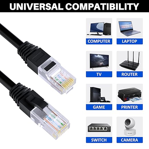 Cat5e Ethernet Cable 100 FT, Long Cat 5e Internet Cable, Black Snagless Patch Cord, Flexible, Network, LAN, PoE, Standard RJ45 Connector for PC, Server, Router, Modem, TV, PS5 - with 15 Cable Ties