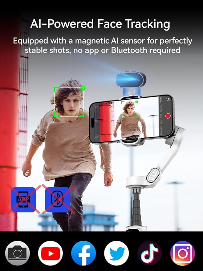 Gimbal Stabilizer for iPhone, Phone Gimbal with AI Tracking Sensor for Vlog Recording, 3-Axis Phone Gimbal with 7.8' Extension Rod and OLED Display for iPhone/Android-Smart X2 AI White