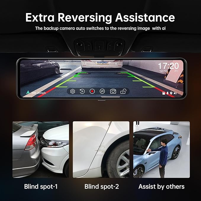 12" 4K UHD Mirror Dash Cam Front and Rear with Zoom Backup Camera, 2160P Dual Rear View Mirror Camera for Cars & Trucks, 64GB Card Included, GPS, WDR, Super Night Vision, Parking Assist & G-Sensor