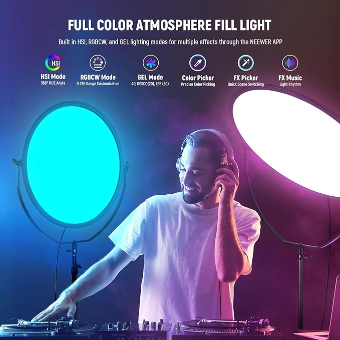 NEEWER 18" RGB LED Round Panel Video Light with APP Control, 65W 6000Lux/0.5m 2500K-8500K RGBCW Photography Studio Lighting /18 Scenes/V Battery Powered for Outdoor Filming Recording Streaming, GR18C