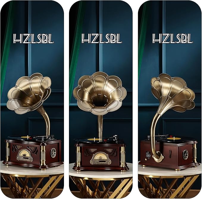 Vintage Gramophone with Bluetooth Output Vintage Record Players Retro Gramophone Turntables for 7" 9" 12" Vinyl Records 3 Speed, Hi-Fi, Handcrafted by Pure Oak (Dark Green)