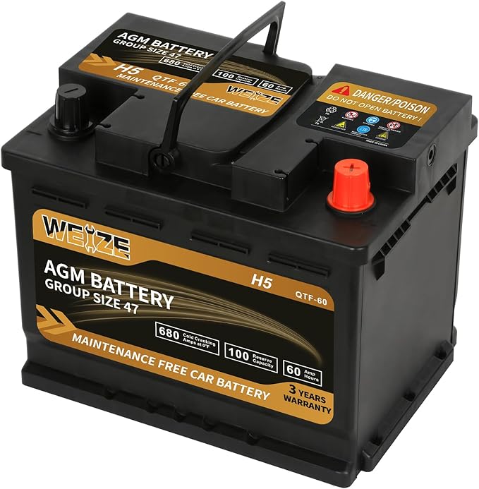 Weize Platinum AGM Battery BCI Group 47-12v 60ah H5 Size 47 Automotive Battery, 100RC, 680CCA, 36 Months Warranty, Dimensions 9.52" L x 6.89" W x 7.48" H