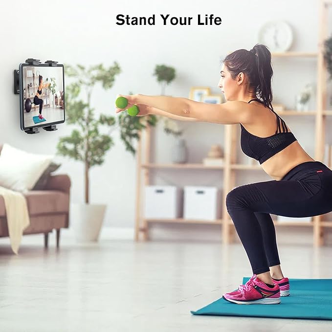 PLDHPRO Tablet Wall Mount, 360° Rotation Universal iPad Holder Stand Compatible with Galaxy Tab, Surface, Fire HD, e-Readers, 7-12.9'' Tablets for Kitchen, Bathroom, Warehouse, Drilled Screw Mounted
