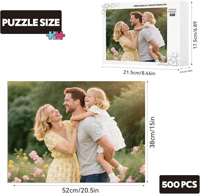 Custom Puzzles from Photos, Personalized Natural Wood Puzzle with 120/200/300/500/1000 Pieces, Customized Jigsaw Create Timeless Memories for Adults, Family, Father's Day, Lover, Pet