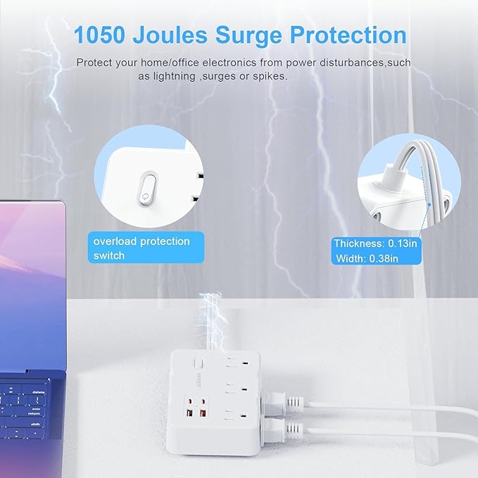 Flat Plug Power Strip Surge Protector, 5ft Ultra Thin Extension Cord with 4 USB Wall Charger(2 USB C Port), 6 Widely-Spaced Outlets Power Strip Compact for Travel, Office, Dorm Room Essentials (White)