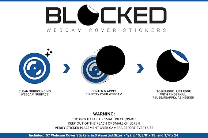BLOCKED Webcam/Camera Vinyl Covers | Low-Tack Restickable Webcam Sticker | Multiple Sizes | Black 57-Pack Tabbed (Muted Matte)
